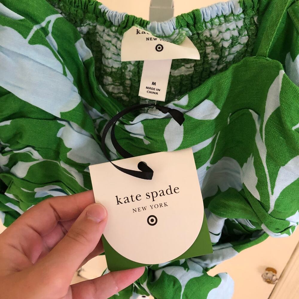 Kate Spade X Target NWT Classic Rose Ruched Linen Floral Tank Top Green/White M - Picture 8 of 12
